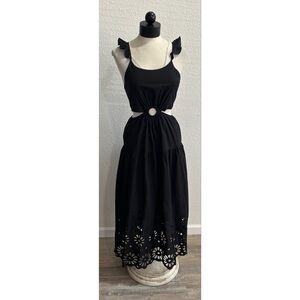 Karina Grimaldi Felicia Black Eyelet Cutout Midi Dress Size Small Cotton Ruffle